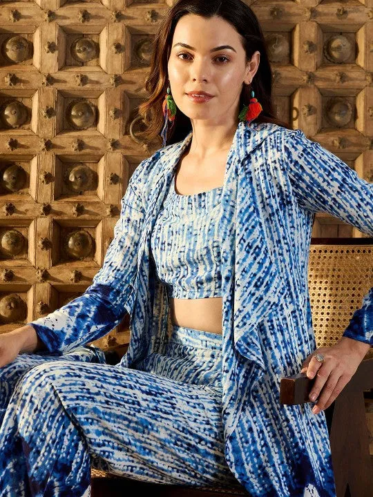 Women Blue Tie & Dyed Printed Square Neck Top & Trouser With Shrug Co-ord Set