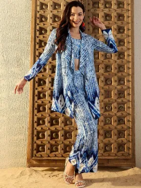 Women Blue Tie & Dyed Printed Square Neck Top & Trouser With Shrug Co-ord Set