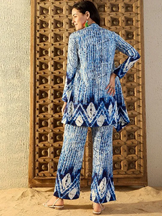 Women Blue Tie & Dyed Printed Square Neck Top & Trouser With Shrug Co-ord Set