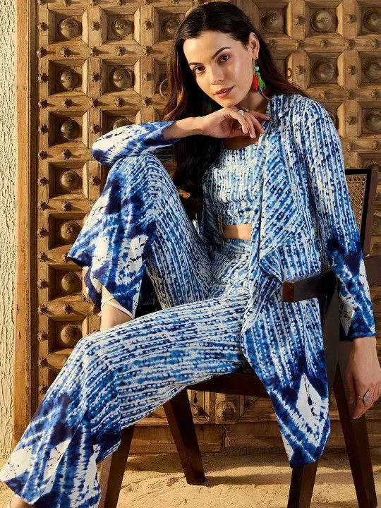 Women Blue Tie & Dyed Printed Square Neck Top & Trouser With Shrug Co-ord Set