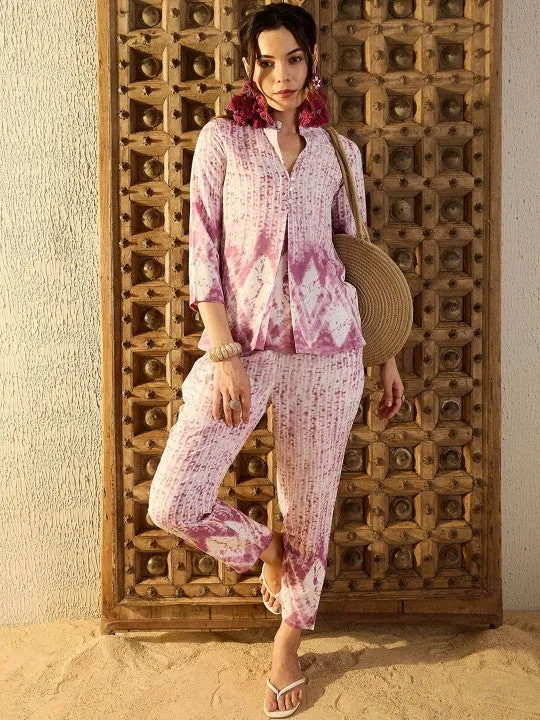 Women Ethnic Motifs Purple Tie & Dye Printed One Button Front Open Top With Trousers