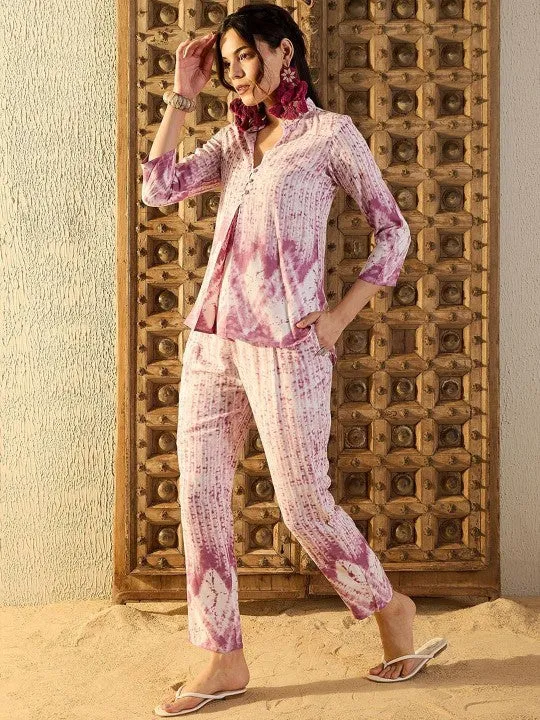 Women Ethnic Motifs Purple Tie & Dye Printed One Button Front Open Top With Trousers