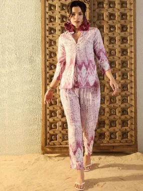 Women Ethnic Motifs Purple Tie & Dye Printed One Button Front Open Top With Trousers