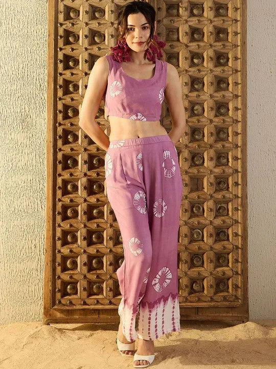 Women Lavender Tie & Dyed Printed Top & Trouser With Shrug Co-ord Set