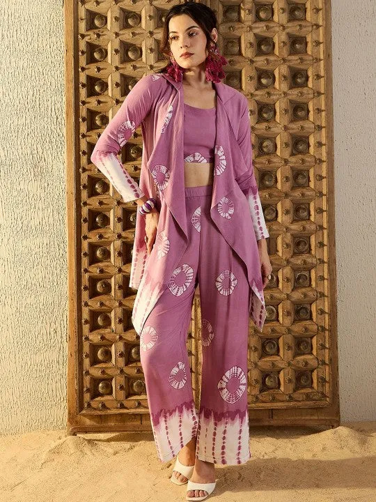 Women Lavender Tie & Dyed Printed Top & Trouser With Shrug Co-ord Set