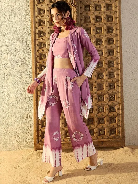 Women Lavender Tie & Dyed Printed Top & Trouser With Shrug Co-ord Set