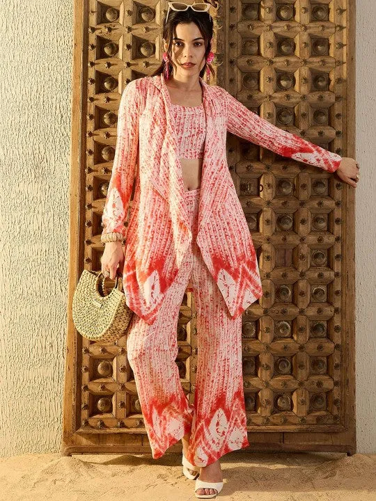 Women Peach Tie & Dyed Printed Top & Trouser With Shrug Co-ord Set