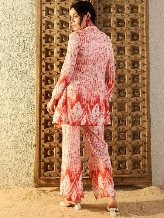 Women Peach Tie & Dyed Printed Top & Trouser With Shrug Co-ord Set