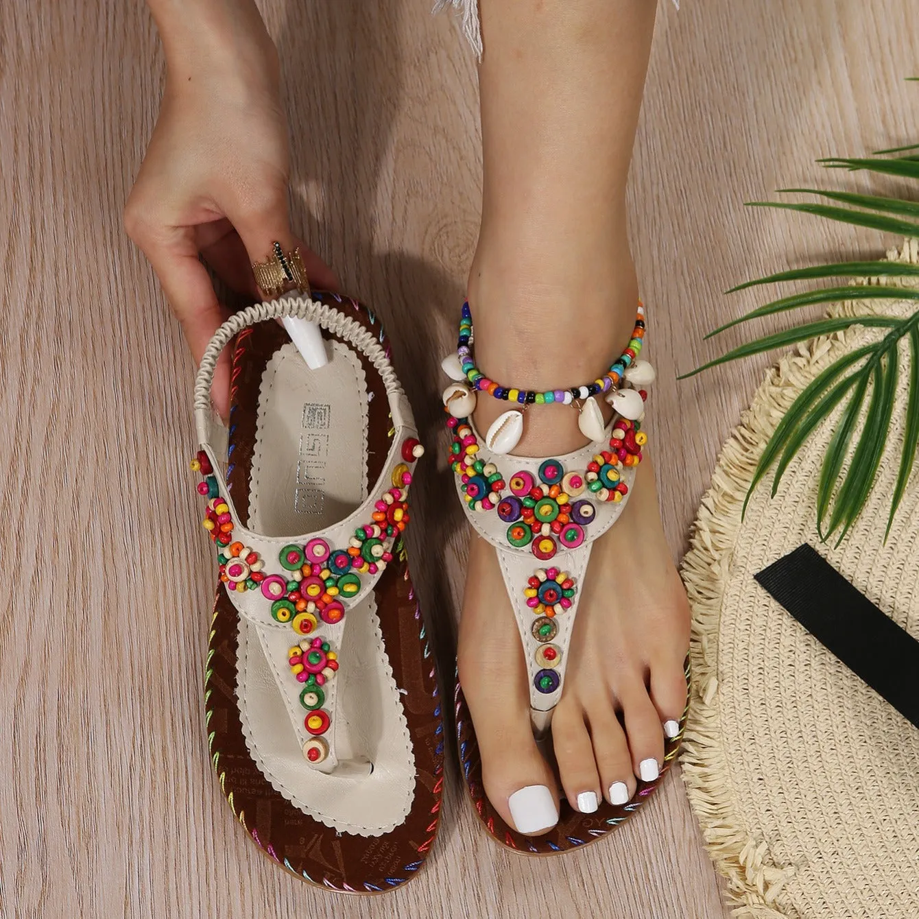 Women's Beaded Decor Flip Flops Open Round Toe Elastic Ankle Strap Sandals