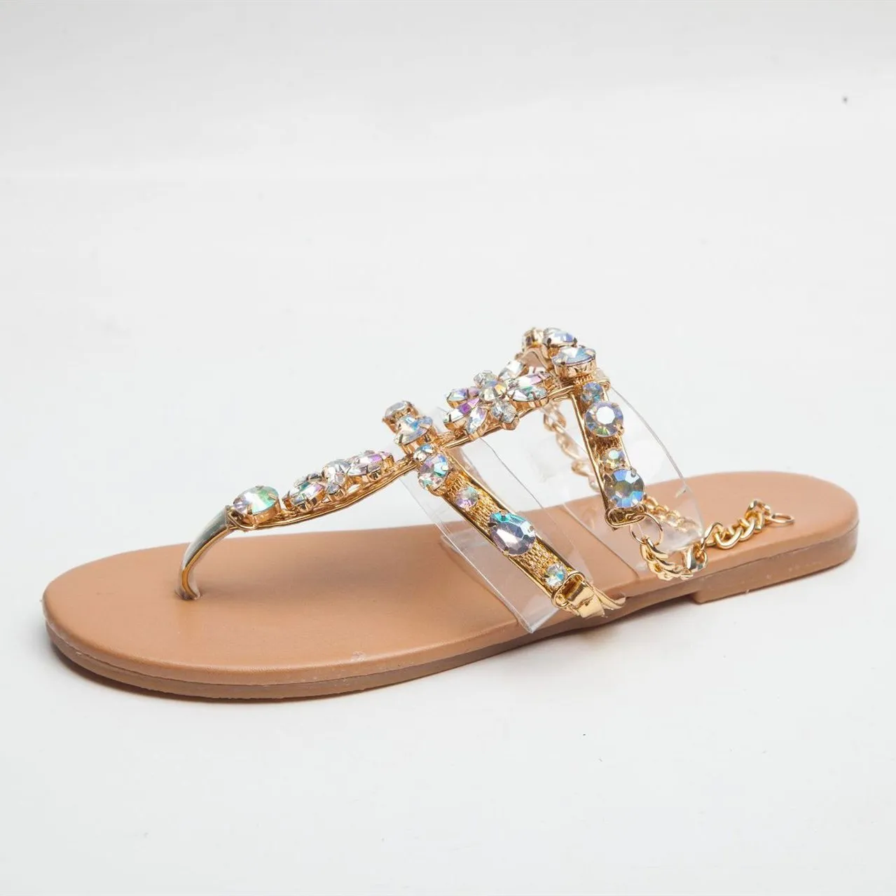 Women's boho rhinestone crystal flat clip toe gladiator sandals