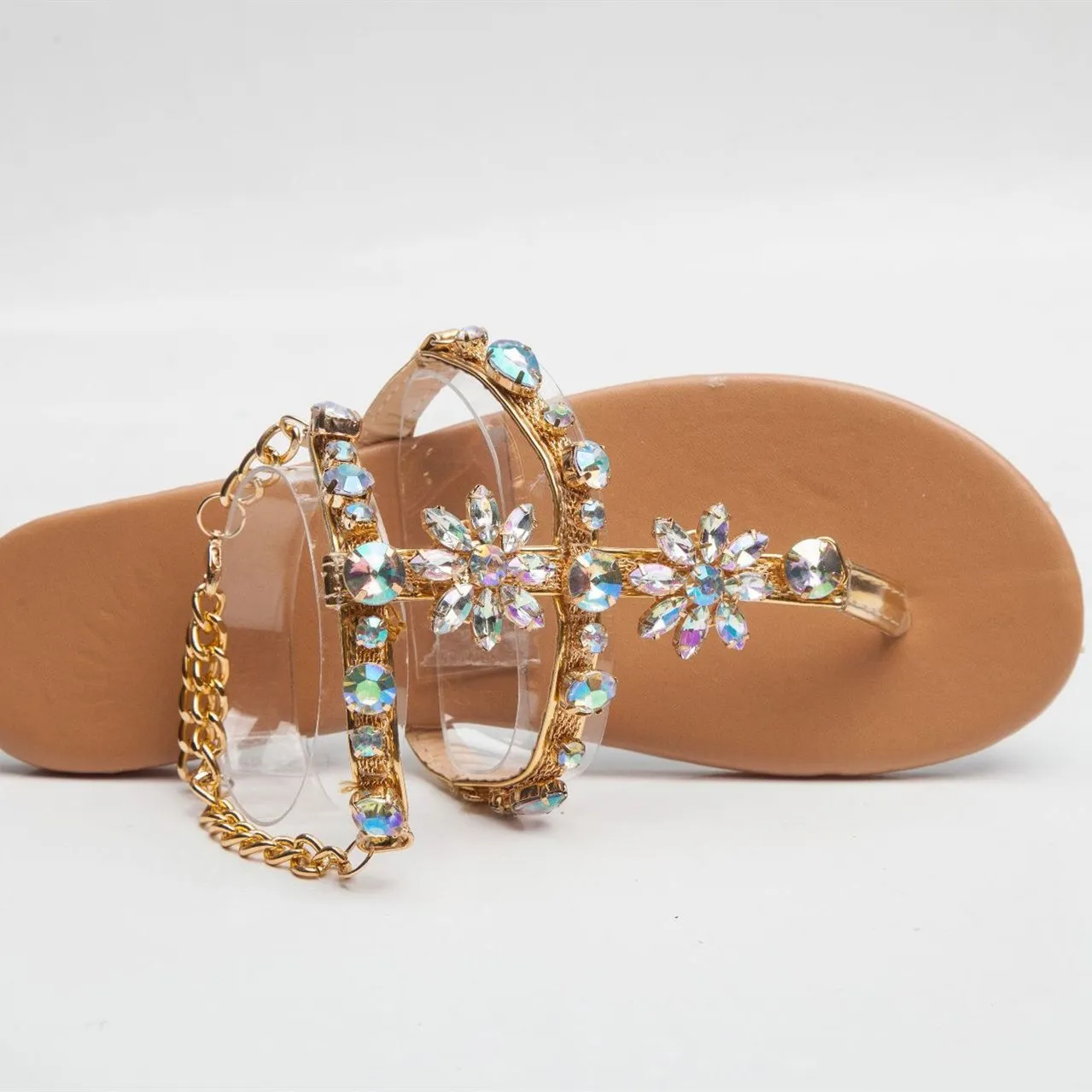 Women's boho rhinestone crystal flat clip toe gladiator sandals