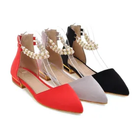 Women's Pointed Toe Solid Color Pearls Beading Ankle Strap Flat Sandals