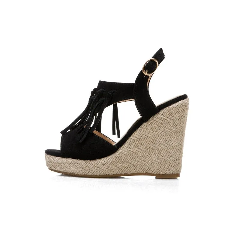 Women's Solid Color Suede Peep Toe Tassel Woven Wedge Heel Platform Sandals