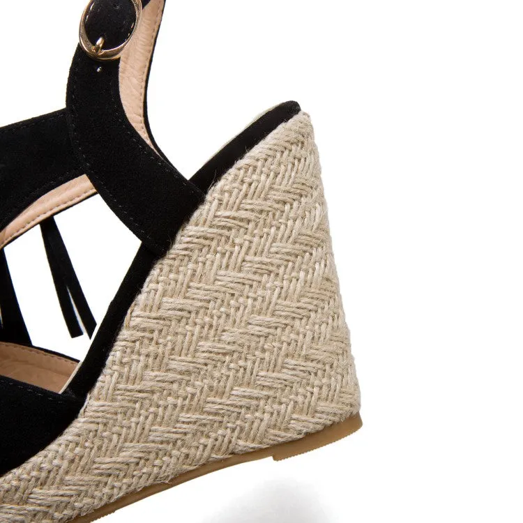 Women's Solid Color Suede Peep Toe Tassel Woven Wedge Heel Platform Sandals