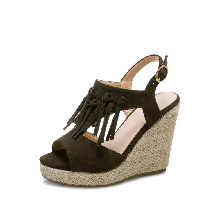 Women's Solid Color Suede Peep Toe Tassel Woven Wedge Heel Platform Sandals