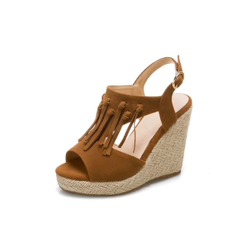 Women's Solid Color Suede Peep Toe Tassel Woven Wedge Heel Platform Sandals